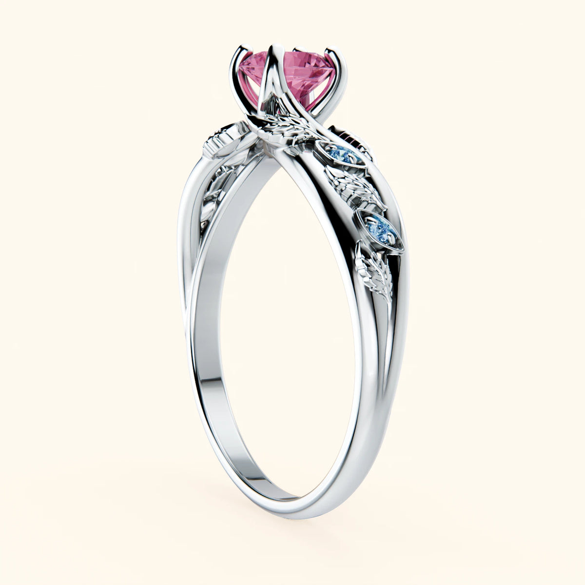 Engagement Ring Frêne - 0.60ct Lab Pink Sapphire with Lab Blue Diamond Side Stones