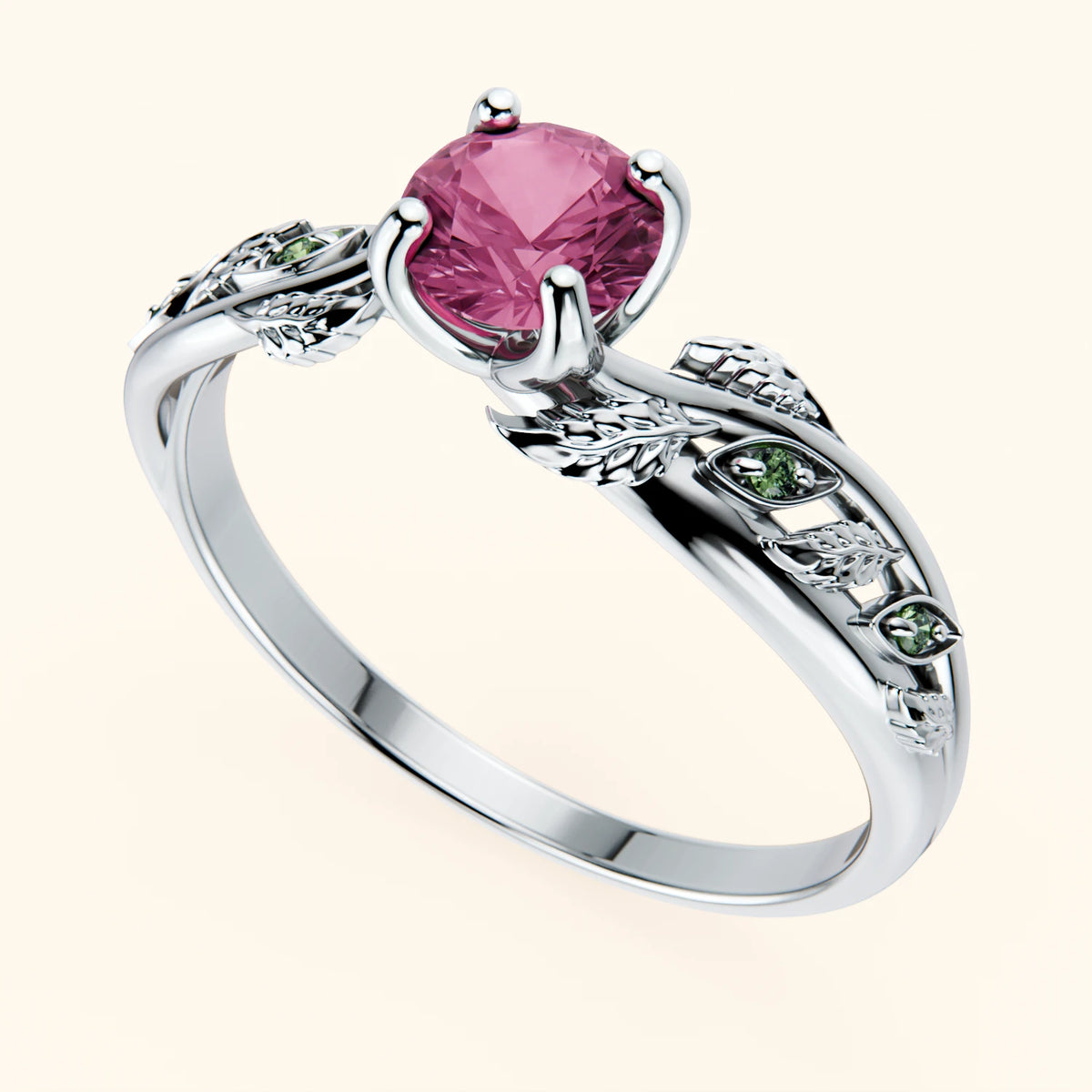 Engagement Ring Frêne - 0.60ct Natural Pink Sapphire with Lab Green Diamond Side Stones