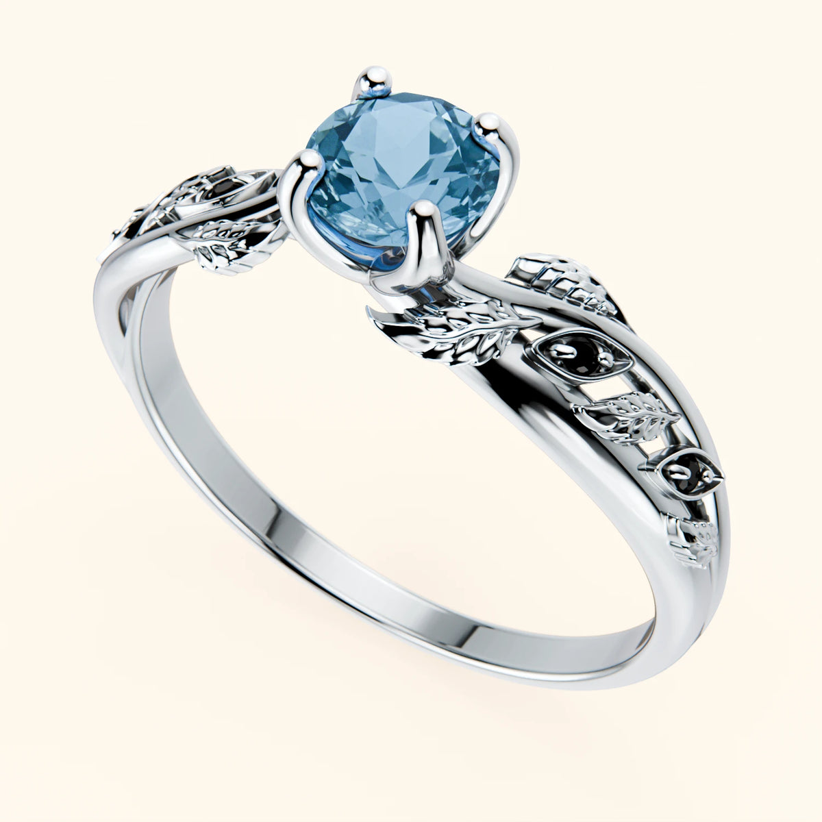 Pierścionek zaręczynowy Frêne – Topaz Swiss Blue 0,50 ct, kamienie boczne: czarny diament