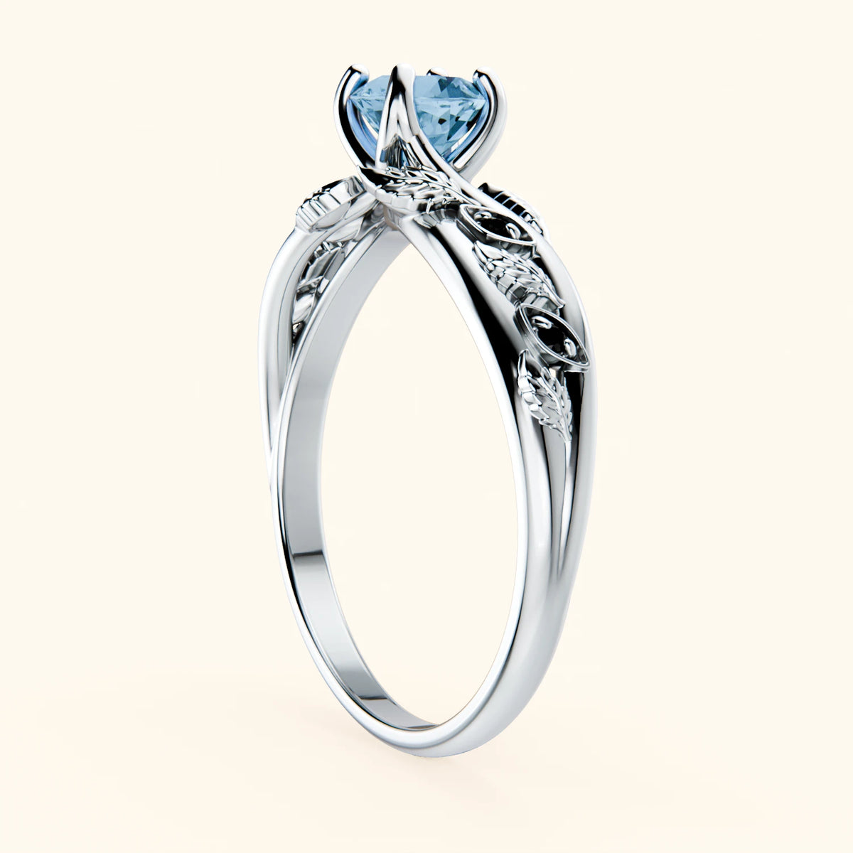 Pierścionek zaręczynowy Frêne – Topaz Swiss Blue 0,50 ct, kamienie boczne: czarny diament