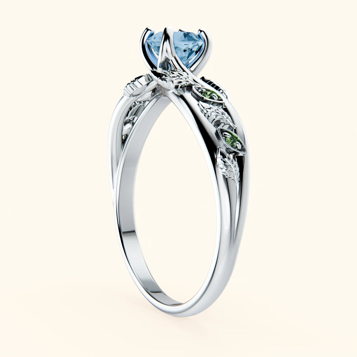 Engagement Ring Frêne - 0.50ct Swiss Blue Topaz with Lab Green Diamond Side Stones