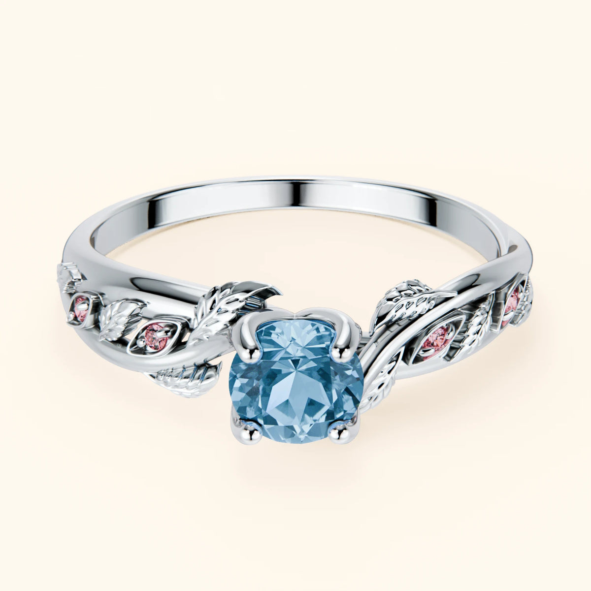 Engagement Ring Frêne - 0.50ct Swiss Blue Topaz with Lab Pink Diamond Side Stones