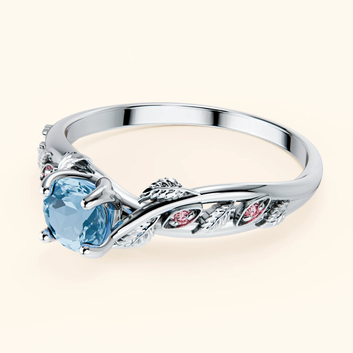 Engagement Ring Frêne - 0.50ct Swiss Blue Topaz with Lab Pink Diamond Side Stones