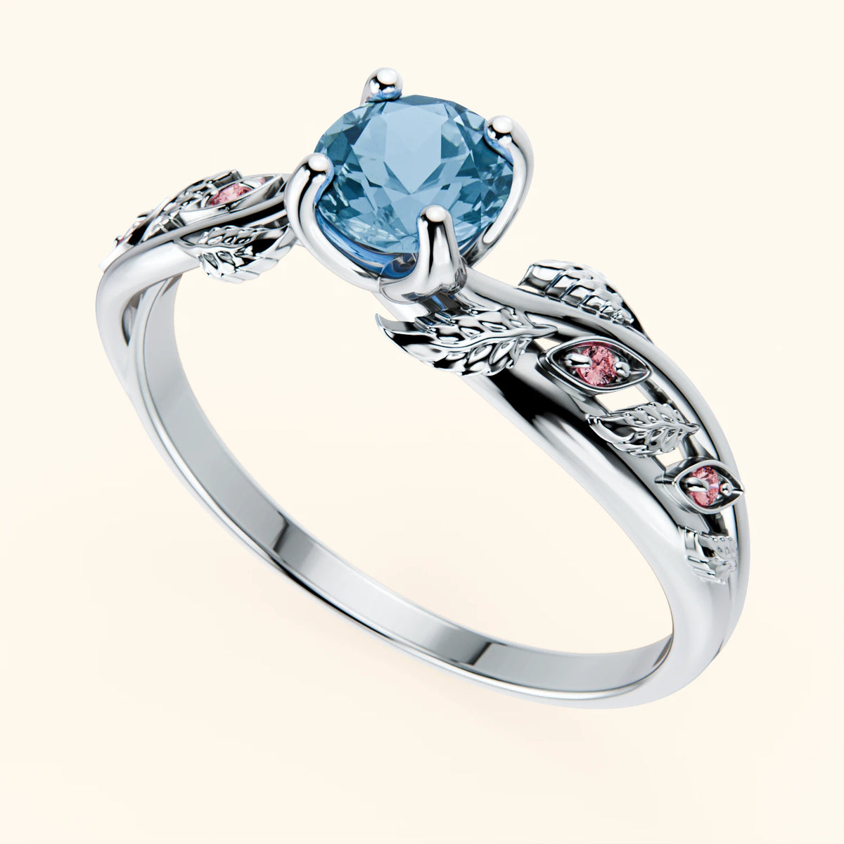 Engagement Ring Frêne - 0.50ct Swiss Blue Topaz with Lab Pink Diamond Side Stones