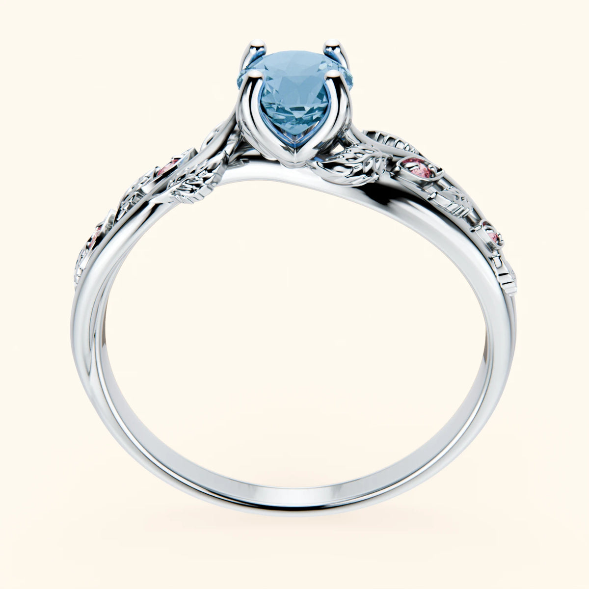 Engagement Ring Frêne - 0.50ct Swiss Blue Topaz with Lab Pink Diamond Side Stones