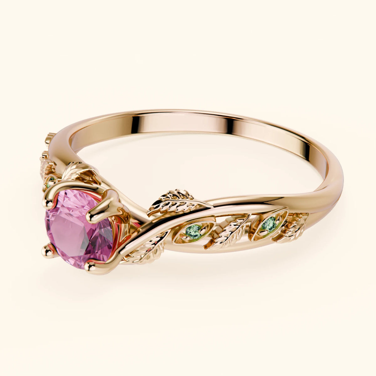Engagement Ring Frêne - 0.60ct Natural Pink Sapphire with Lab Green Diamond Side Stones
