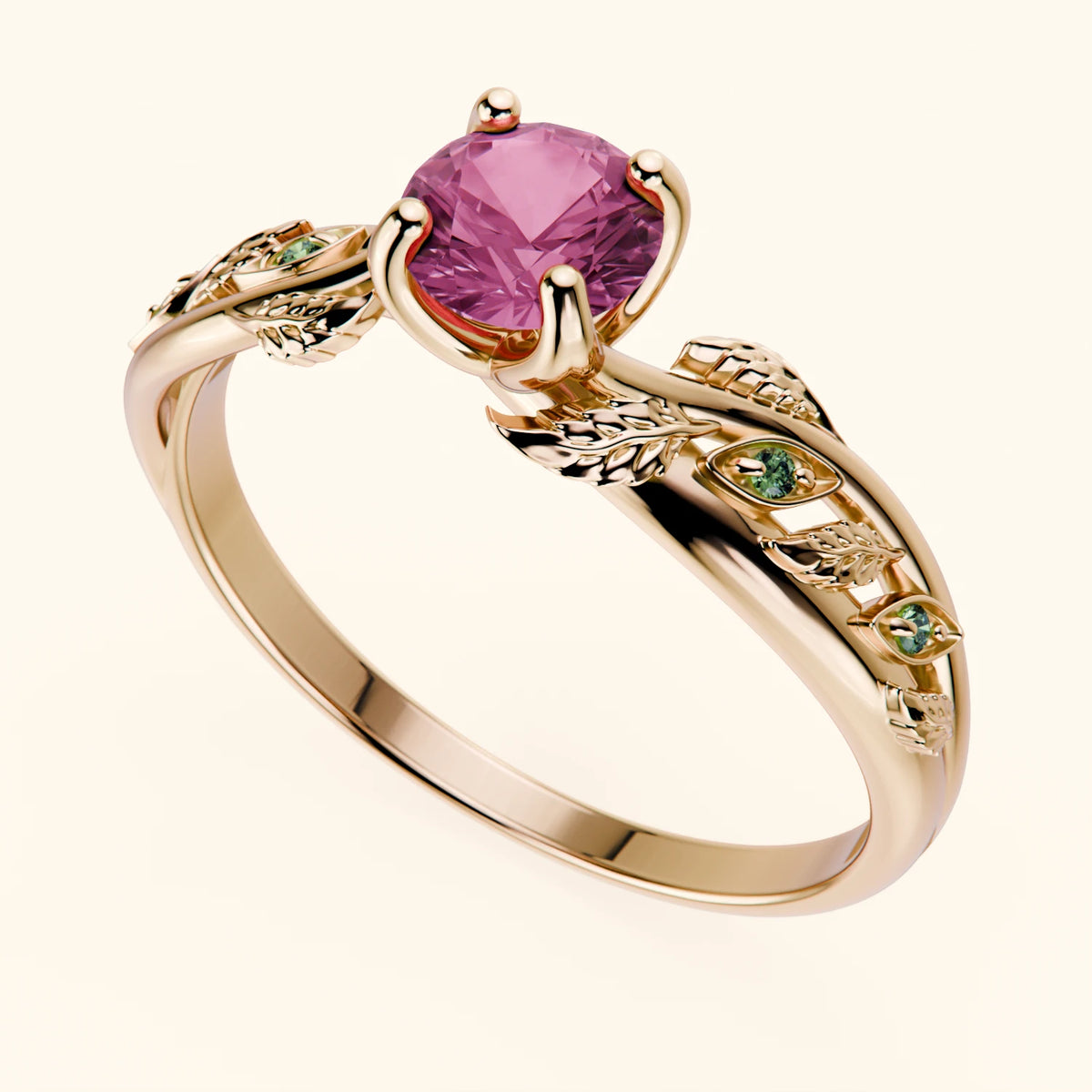 Engagement Ring Frêne - 0.60ct Natural Pink Sapphire with Lab Green Diamond Side Stones