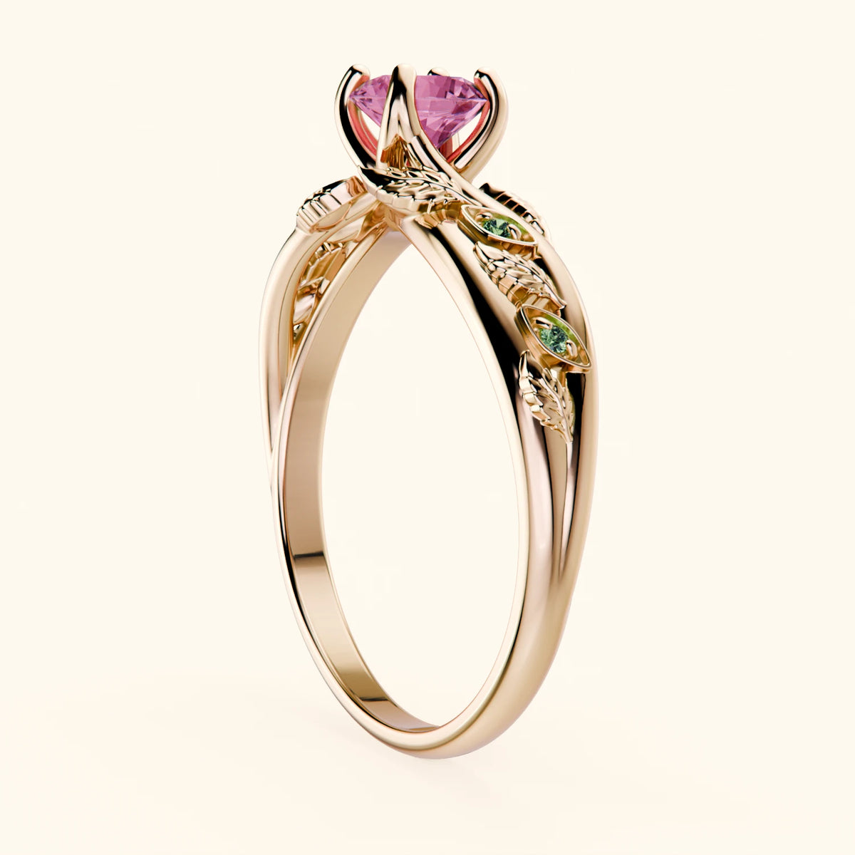 Engagement Ring Frêne - 0.60ct Natural Pink Sapphire with Lab Green Diamond Side Stones