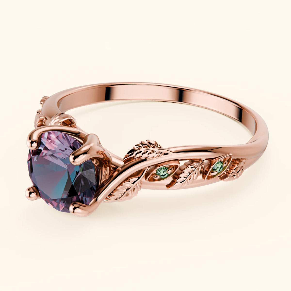 Engagement Ring Frêne - 0.90ct Lab Alexandrite with Lab Green Diamond Side Stones