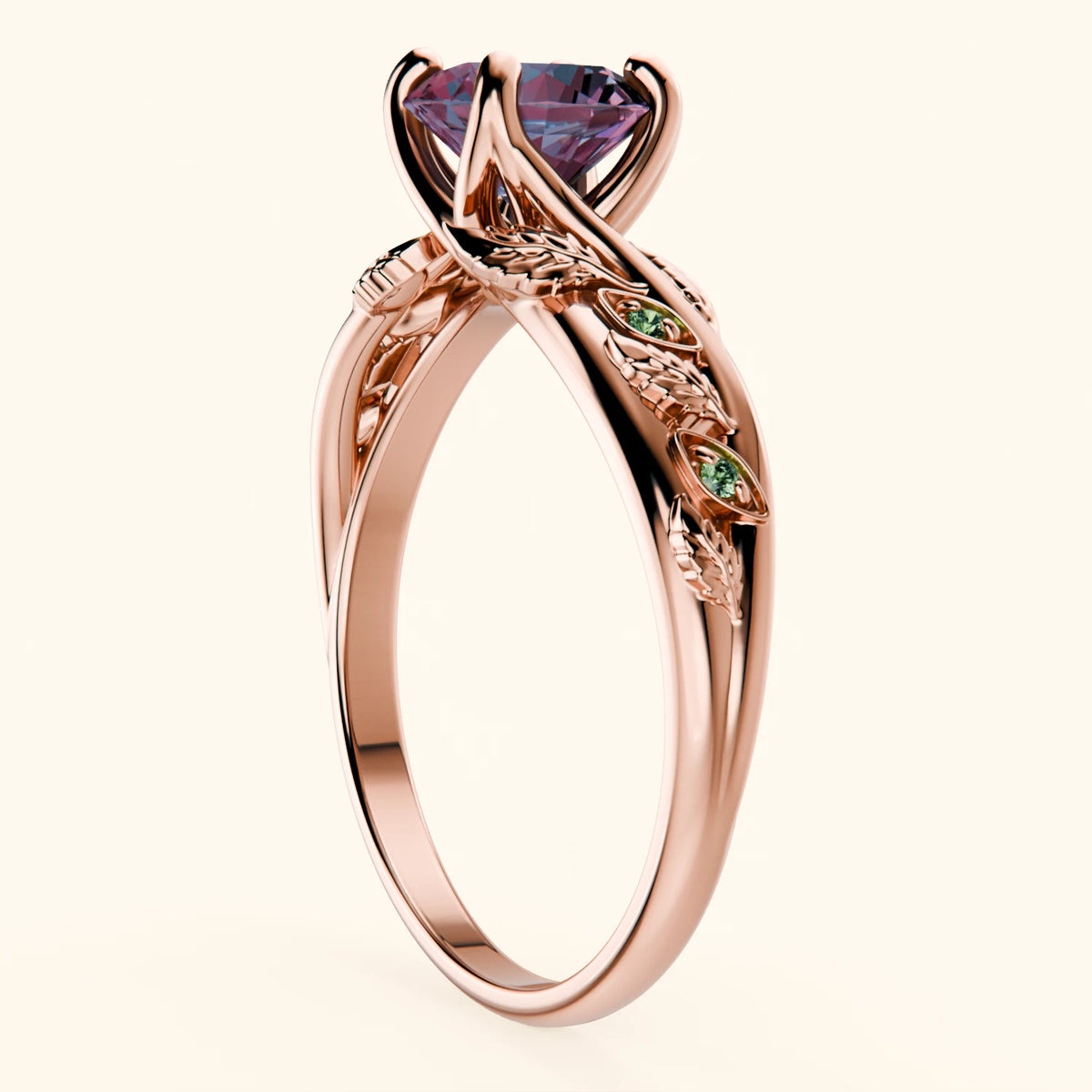 Engagement Ring Frêne - 0.90ct Lab Alexandrite with Lab Green Diamond Side Stones