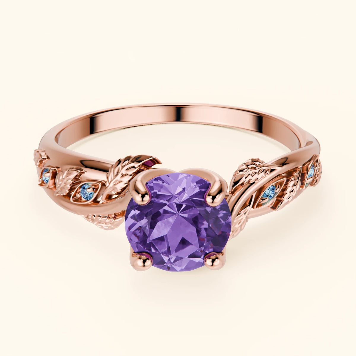 Engagement Ring Frêne - 0.65ct Amethyst with Lab Blue Diamond Side Stones