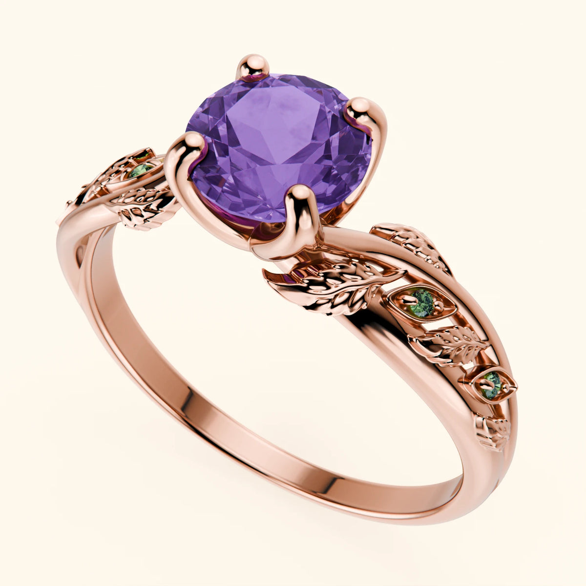 Engagement Ring Frêne - 0.65ct Amethyst with Lab Green Diamond Side Stones