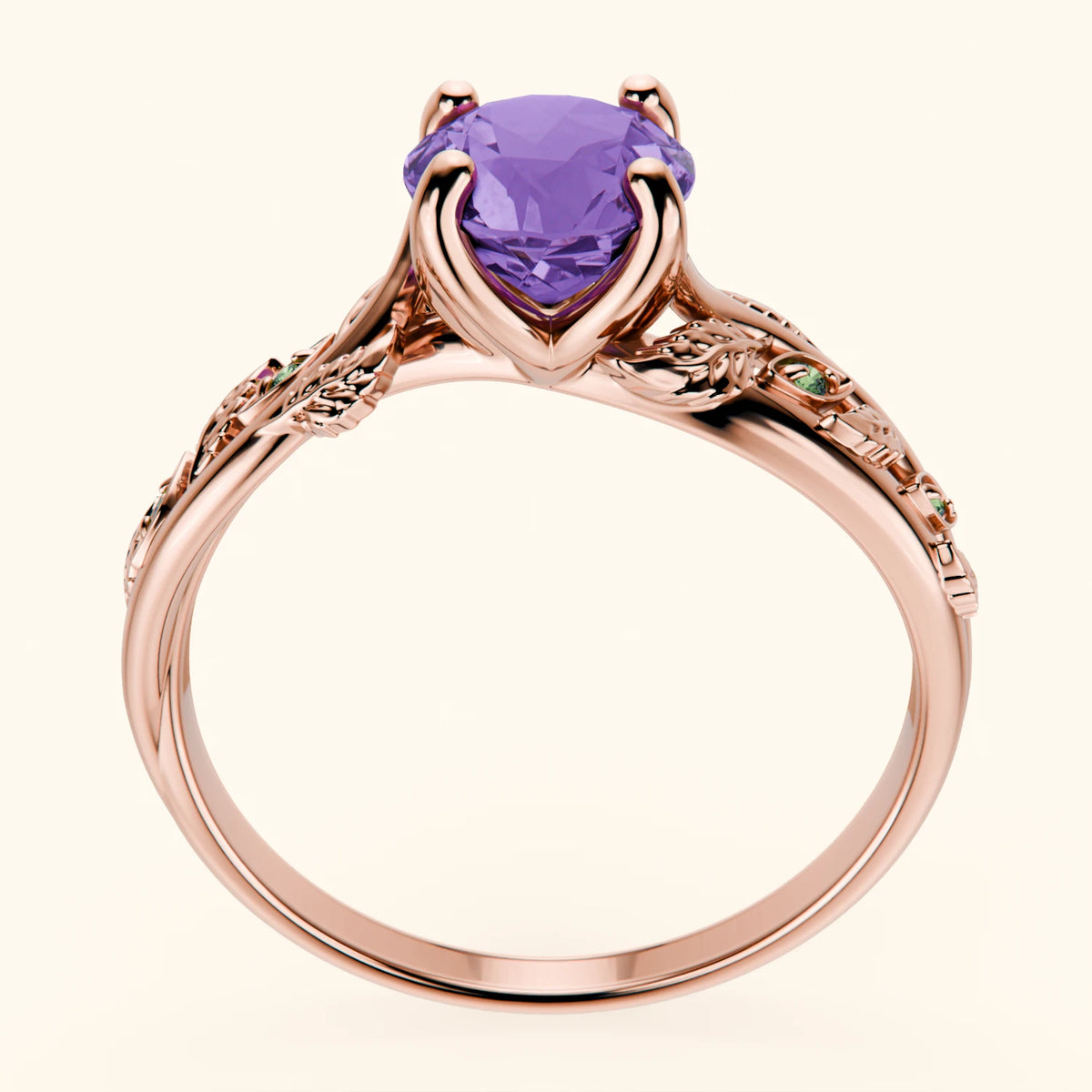 Engagement Ring Frêne - 0.65ct Amethyst with Lab Green Diamond Side Stones