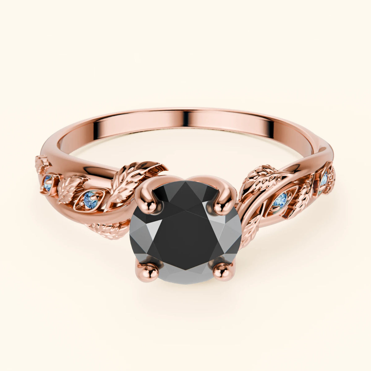 Engagement Ring Frêne - 1ct Black Diamond with Lab Blue Diamond Side Stones