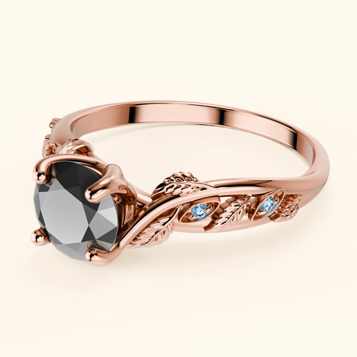 Engagement Ring Frêne - 1ct Black Diamond with Lab Blue Diamond Side Stones