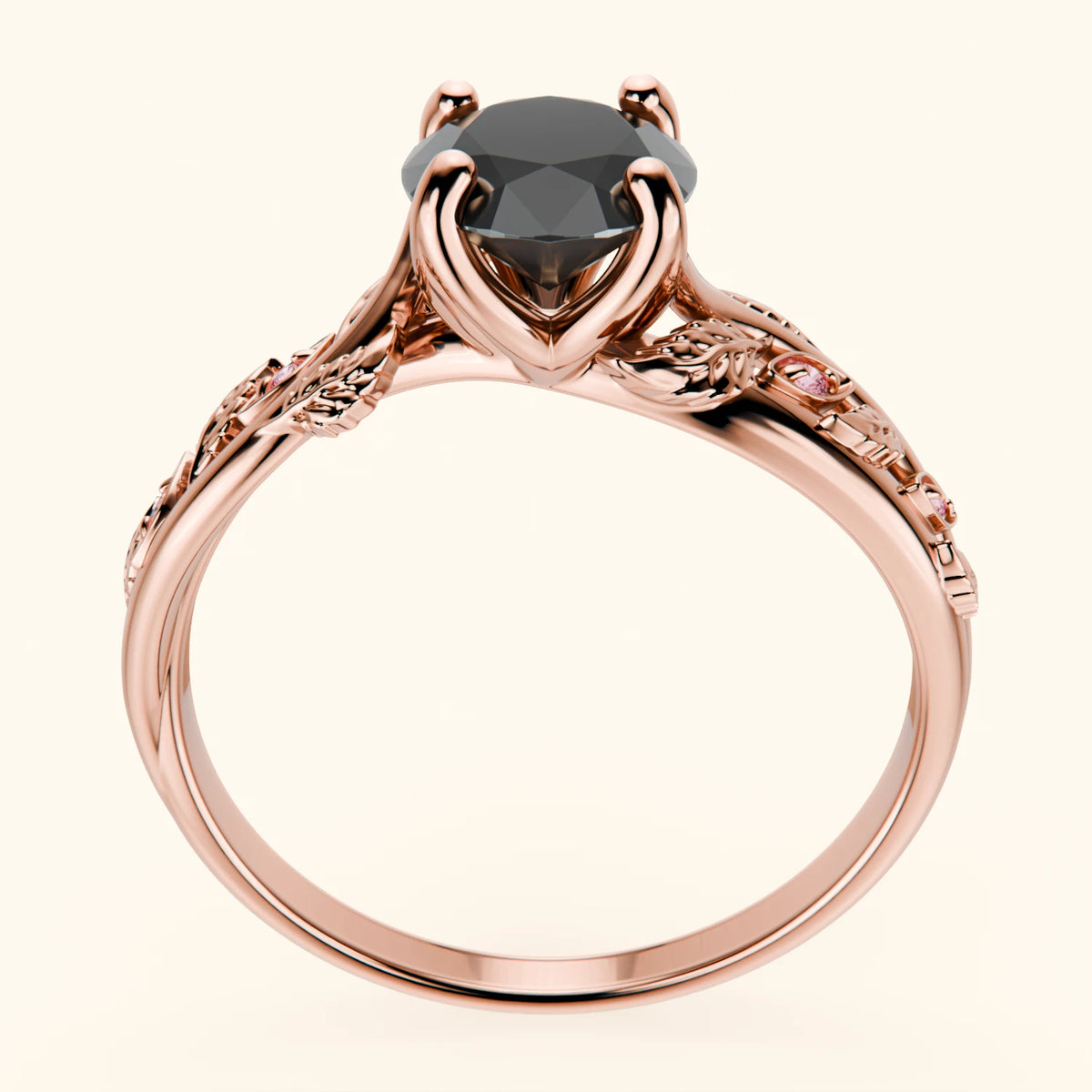 Engagement Ring Frêne - 1ct Black Diamond with Lab Pink Diamond Side Stones