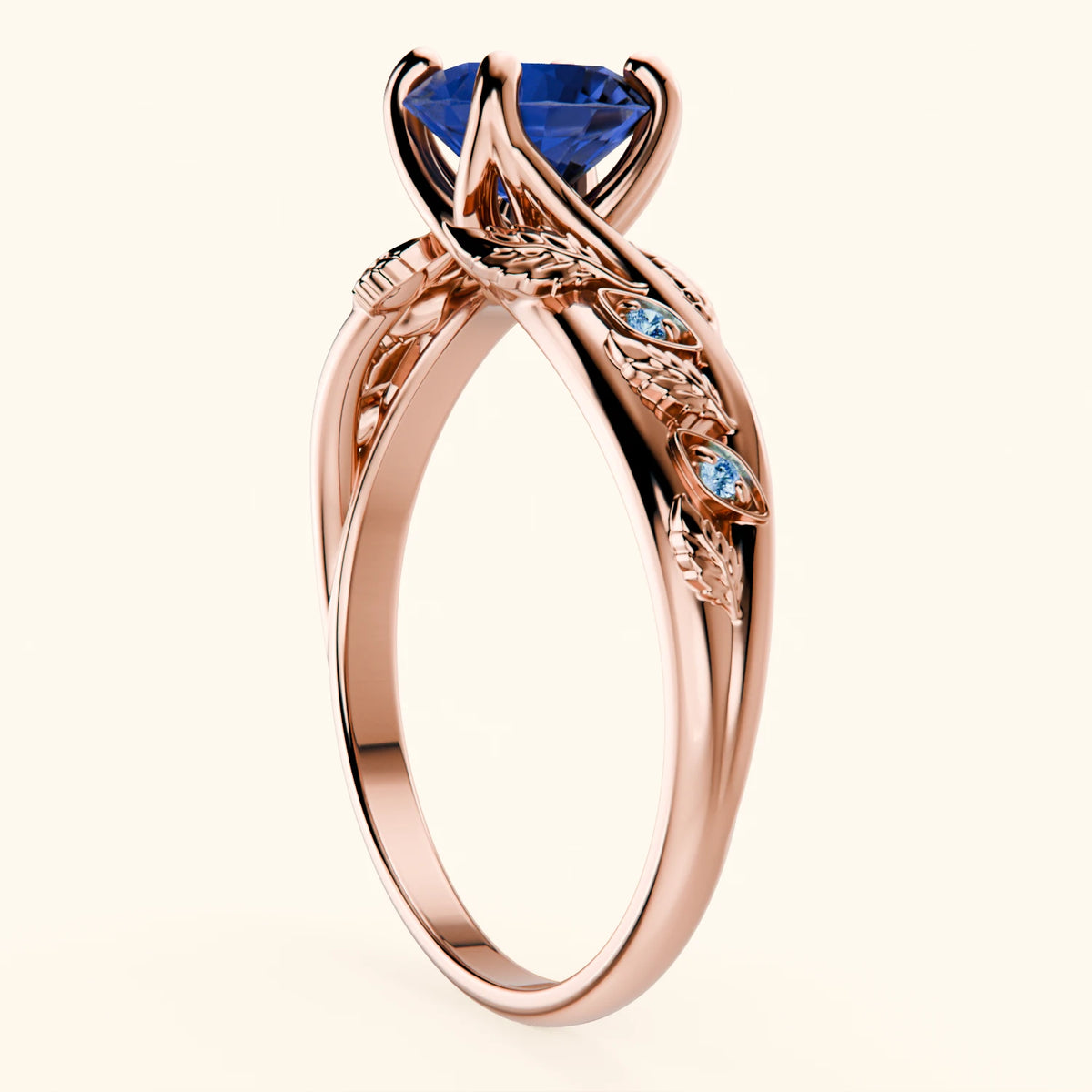 Engagement Ring Frêne - 1.10ct Lab Blue Sapphire with Lab Blue Diamond Side Stones