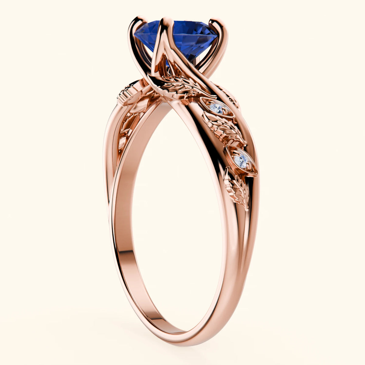 Engagement Ring Frêne - 1.10ct Lab Blue Sapphire with Natural Diamond Side Stones