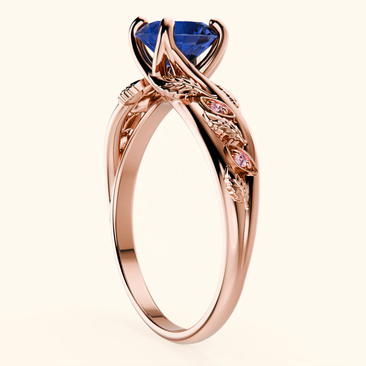 Engagement Ring Frêne - 1.10ct Natural Blue Sapphire with Lab Pink Diamond Side Stones