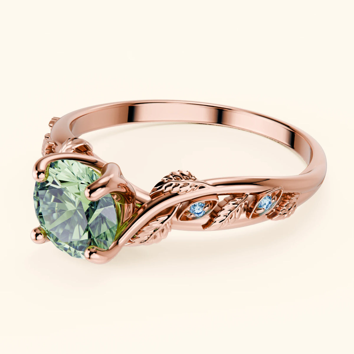 Engagement Ring Frêne - 1ct Lab Green Diamond with Lab Blue Diamond Side Stones