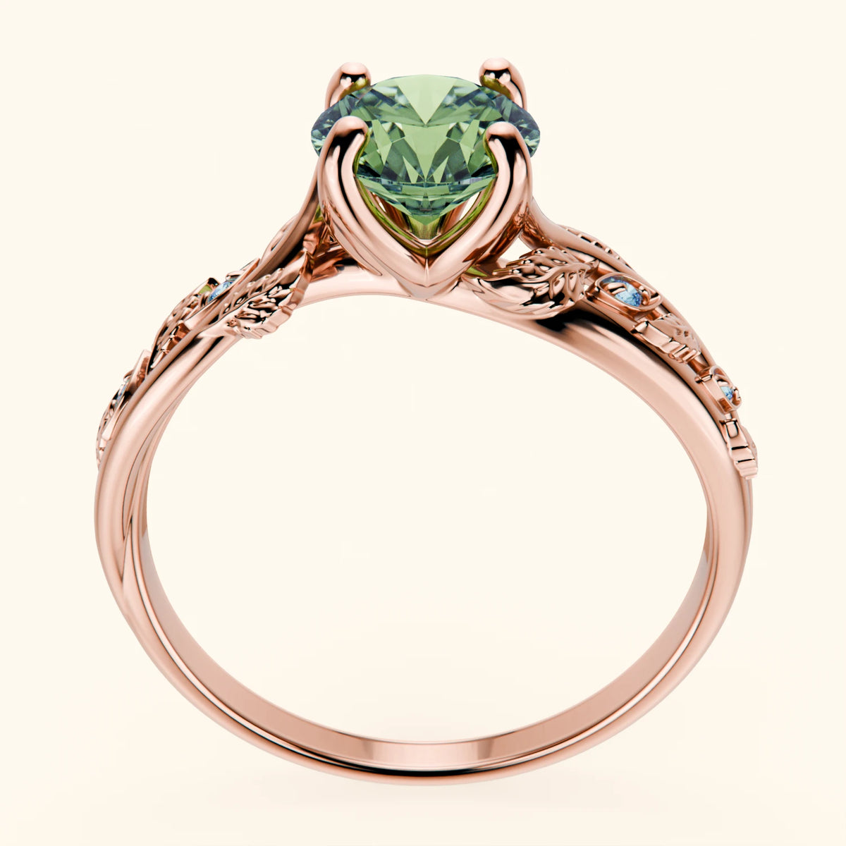 Engagement Ring Frêne - 1ct Lab Green Diamond with Lab Blue Diamond Side Stones