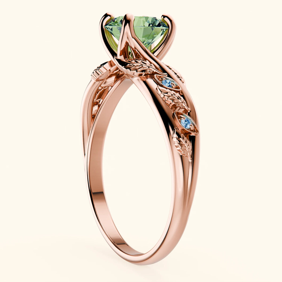 Engagement Ring Frêne - 1ct Lab Green Diamond with Lab Blue Diamond Side Stones