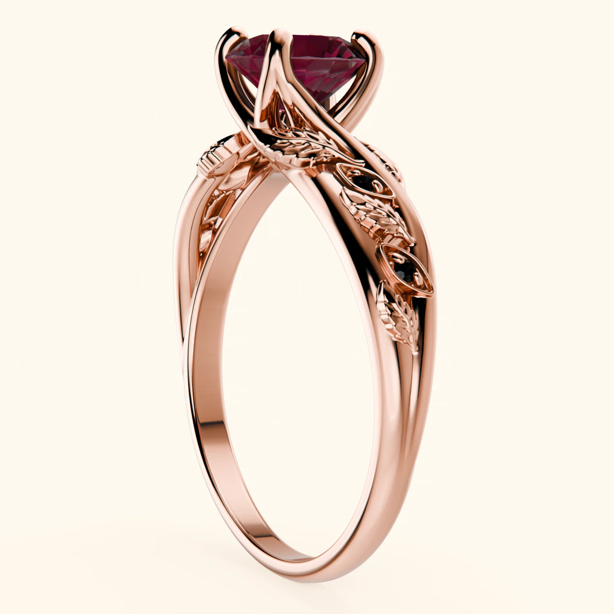 Engagement Ring Frêne - 1.10ct Lab Ruby with Black Diamond Side Stones
