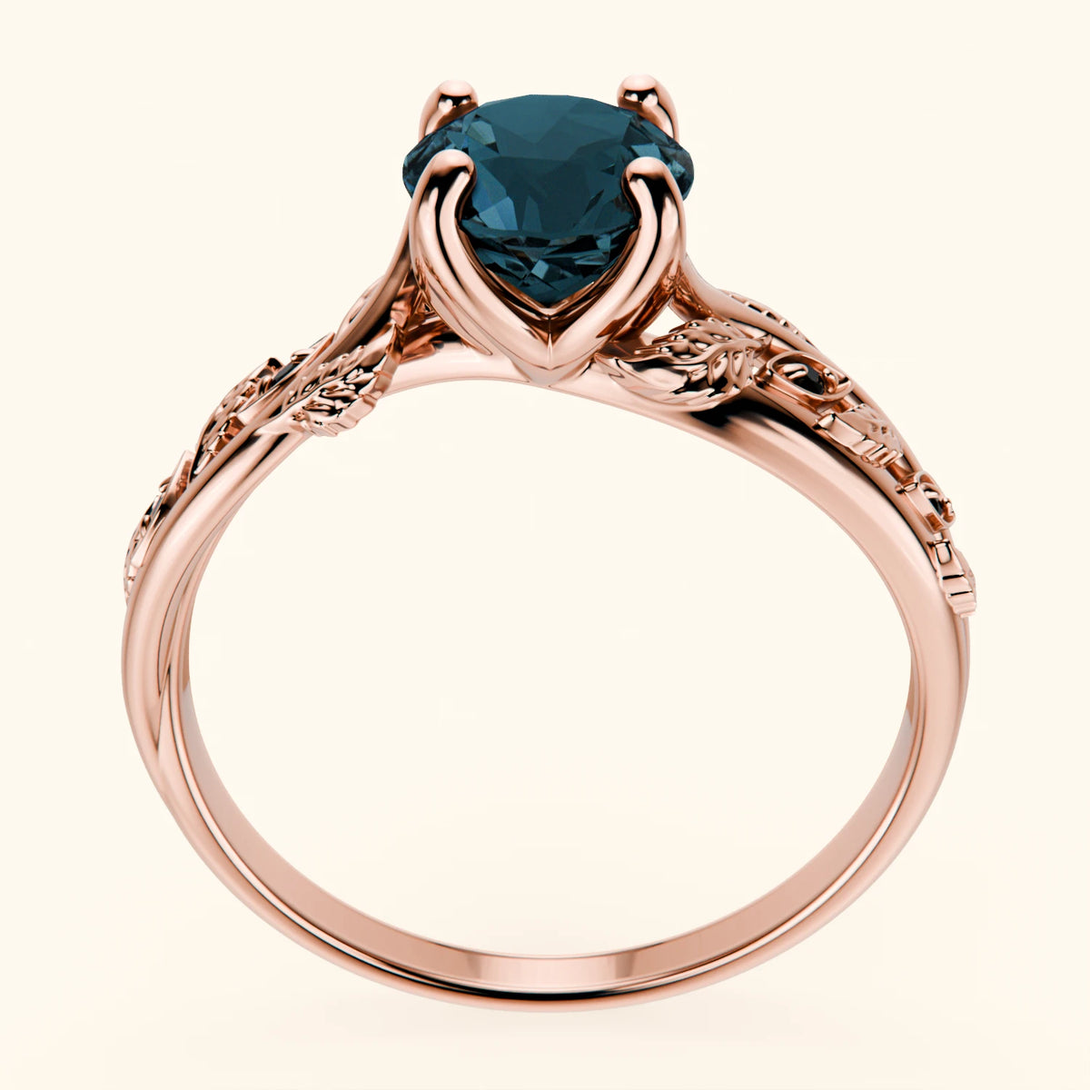 Pierścionek zaręczynowy Frêne – Topaz London Blue 0,85 ct, kamienie boczne: czarny diament