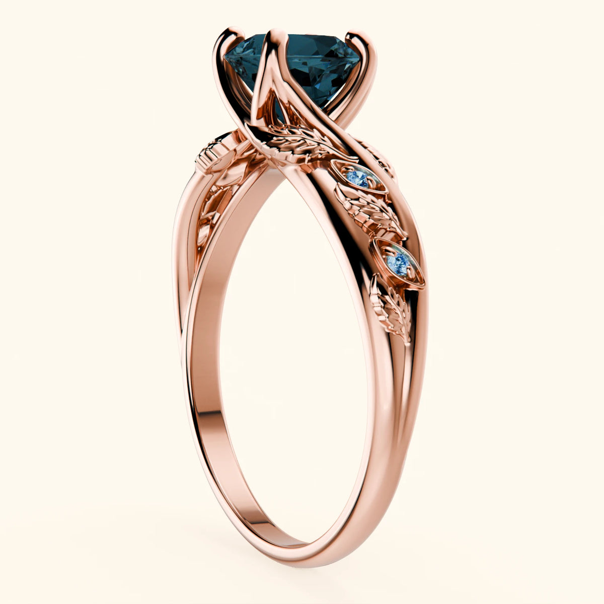 Engagement Ring Frêne - 0.85ct London Blue Topaz with Lab Blue Diamond Side Stones