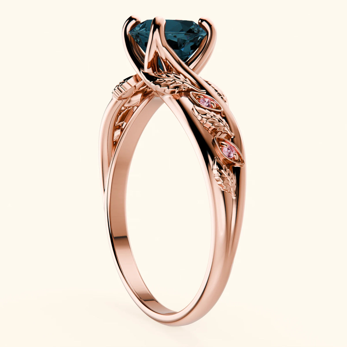 Pierścionek zaręczynowy Frêne – Topaz London Blue 0,85 ct, kamienie boczne: różowy diament laboratoryjny
