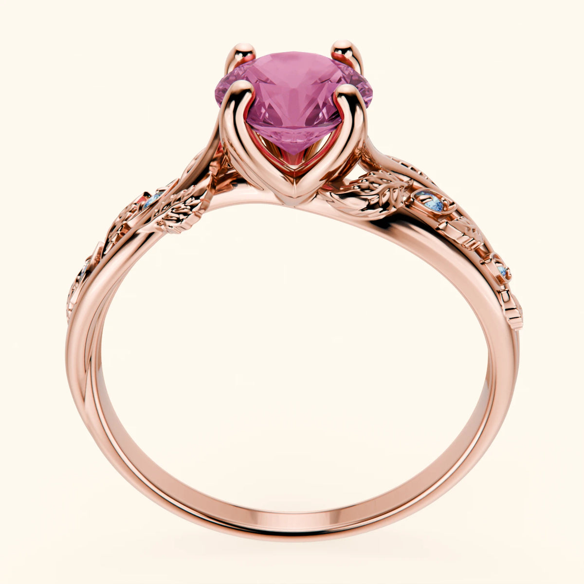 Engagement Ring Frêne - 1.10ct Lab Pink Sapphire with Lab Blue Diamond Side Stones