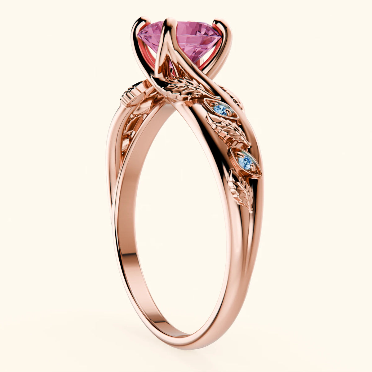 Engagement Ring Frêne - 1.10ct Lab Pink Sapphire with Lab Blue Diamond Side Stones