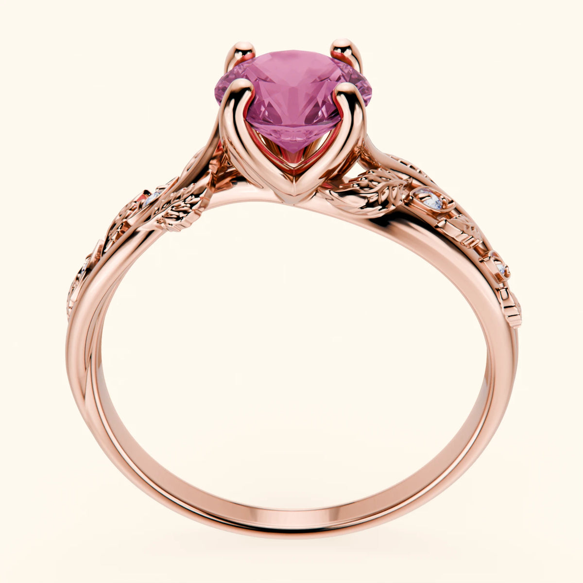 Engagement Ring Frêne - 1.10ct Lab Pink Sapphire with Natural Diamond Side Stones