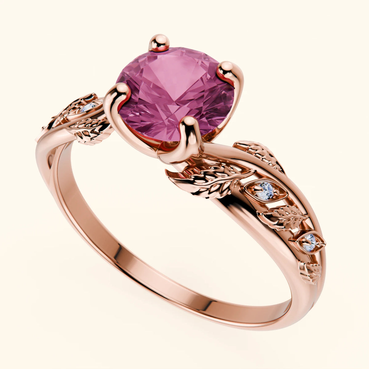 Engagement Ring Frêne - 1.10ct Lab Pink Sapphire with Natural Diamond Side Stones