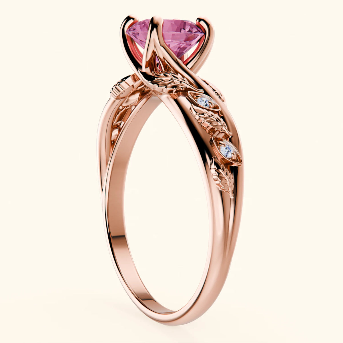 Engagement Ring Frêne - 1.10ct Lab Pink Sapphire with Natural Diamond Side Stones