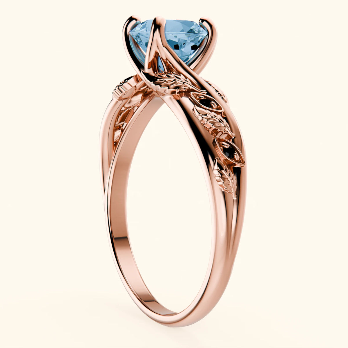 Engagement Ring Frêne - 0.85ct Swiss Blue Topaz with Black Diamond Side Stones
