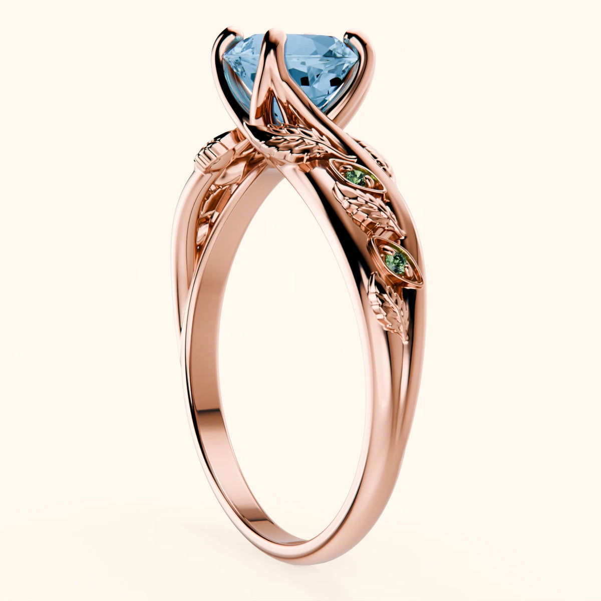 Engagement Ring Frêne - 0.85ct Swiss Blue Topaz with Lab Green Diamond Side Stones