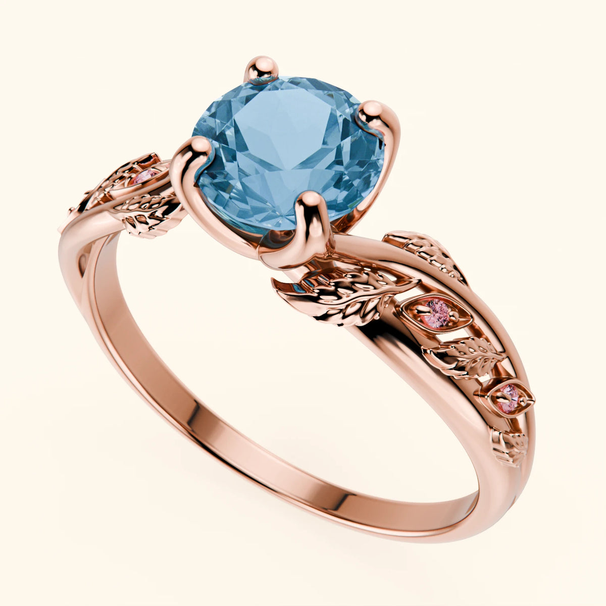 Engagement Ring Frêne - 0.85ct Swiss Blue Topaz with Lab Pink Diamond Side Stones