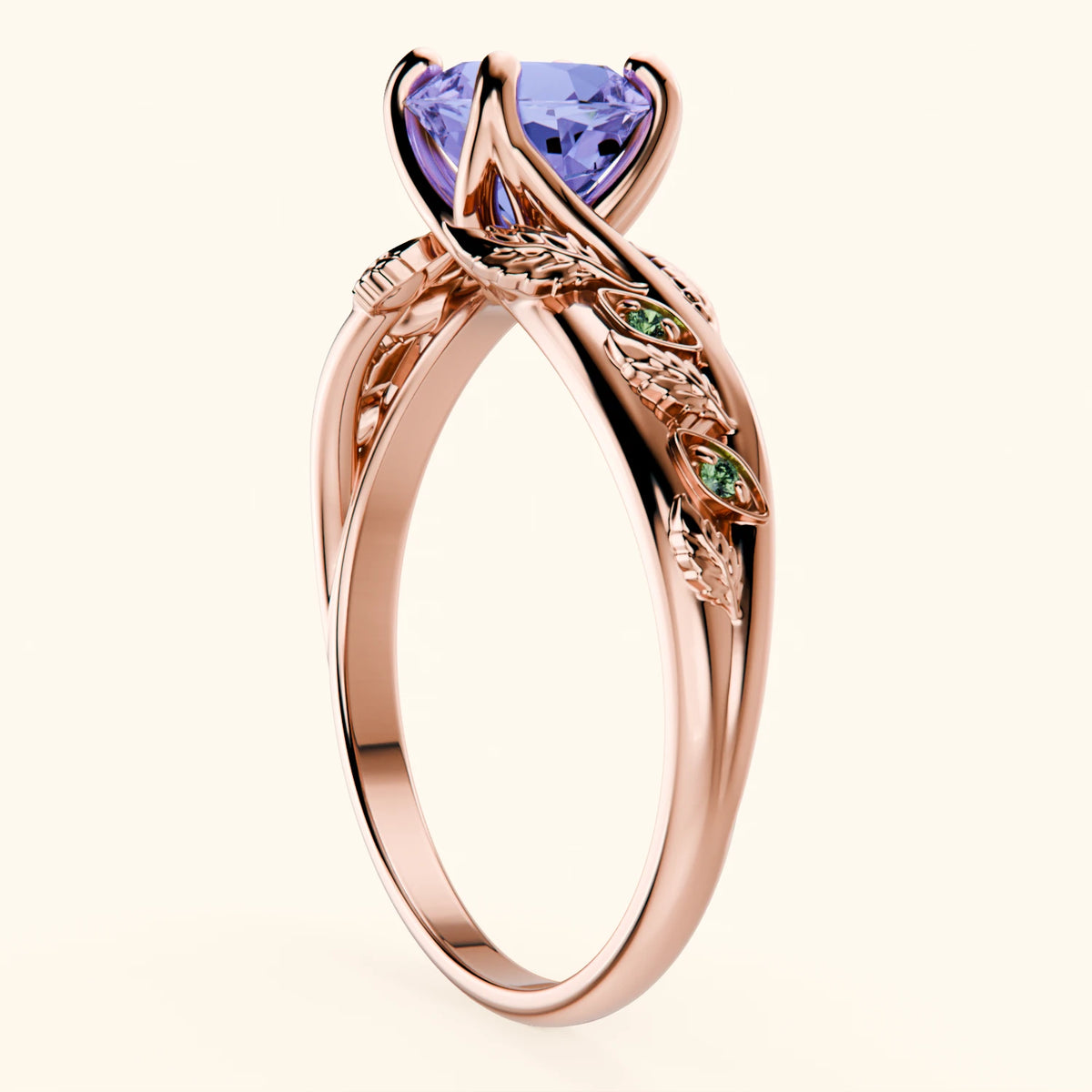 Engagement Ring Frêne - 0.80ct Tanzanite with Lab Green Diamond Side Stones