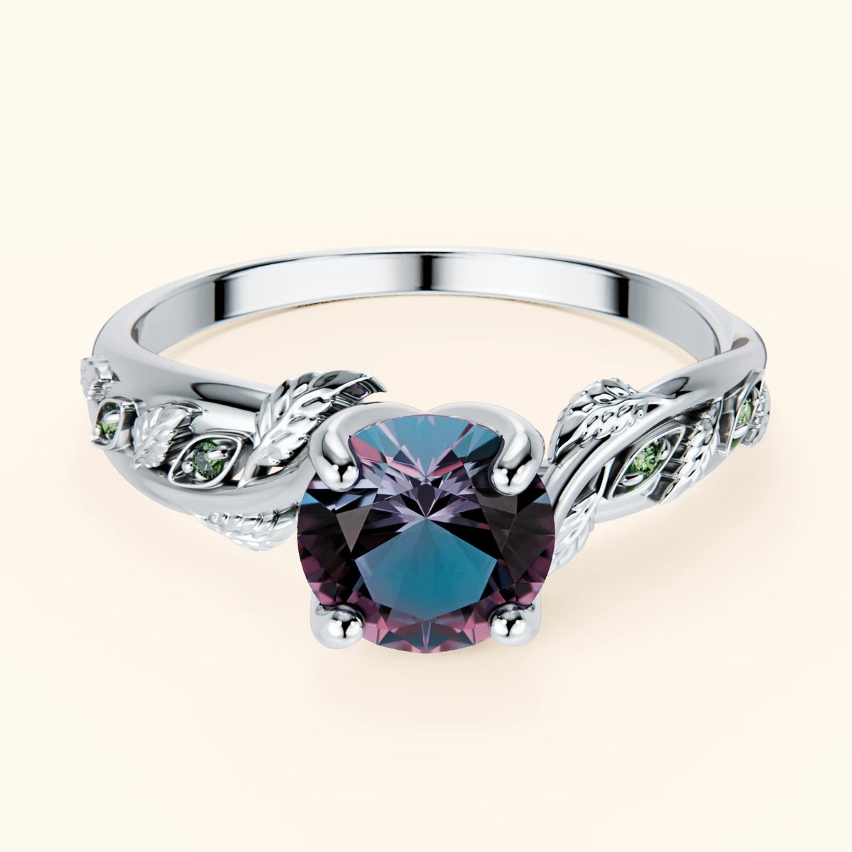 Engagement Ring Frêne - 0.90ct Lab Alexandrite with Lab Green Diamond Side Stones
