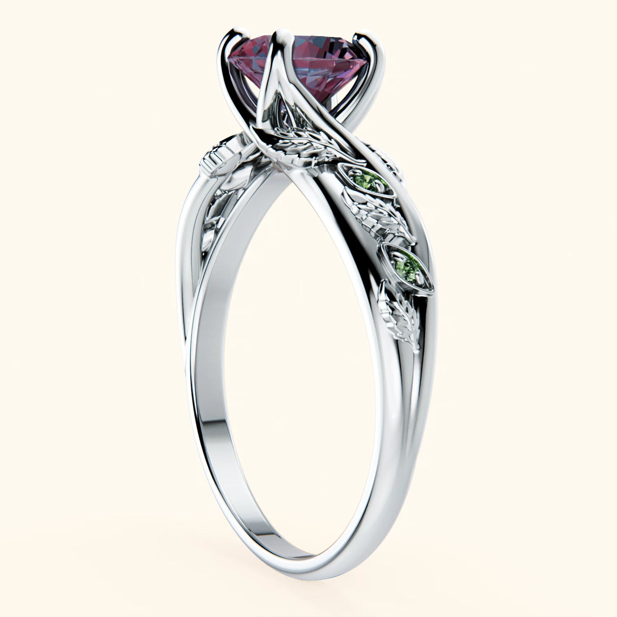 Engagement Ring Frêne - 0.90ct Lab Alexandrite with Lab Green Diamond Side Stones