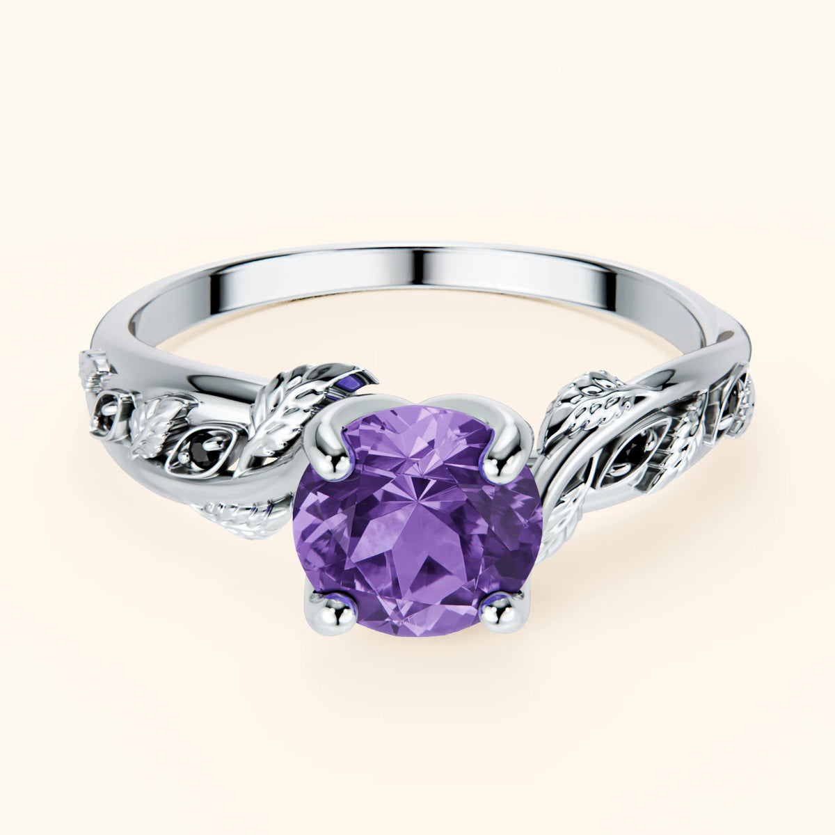 Engagement Ring Frêne - 0.65ct Amethyst with Black Diamond Side Stones