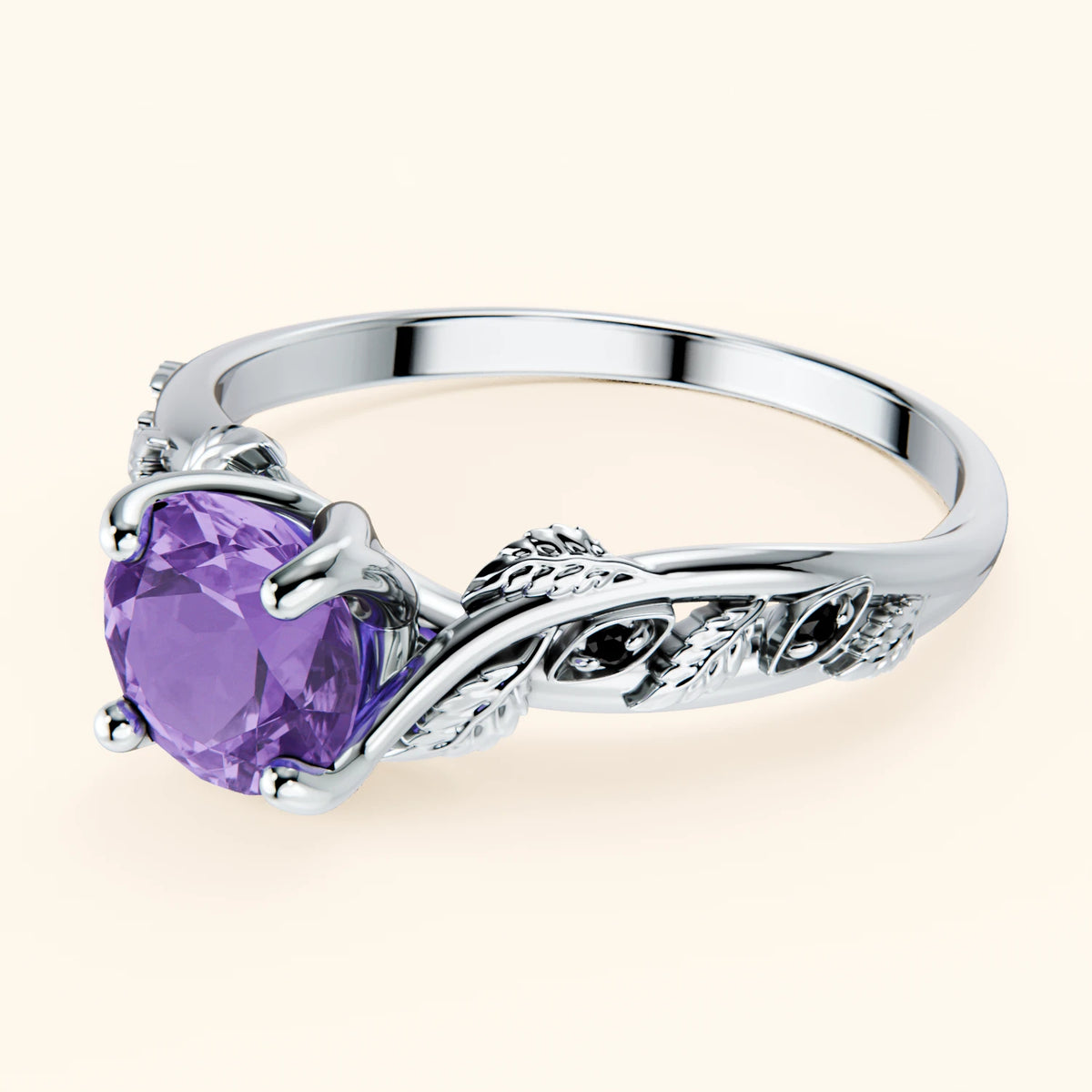 Engagement Ring Frêne - 0.65ct Amethyst with Black Diamond Side Stones