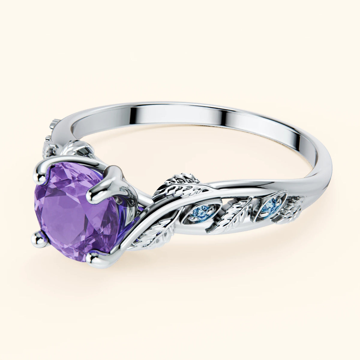 Engagement Ring Frêne - 0.65ct Amethyst with Lab Blue Diamond Side Stones