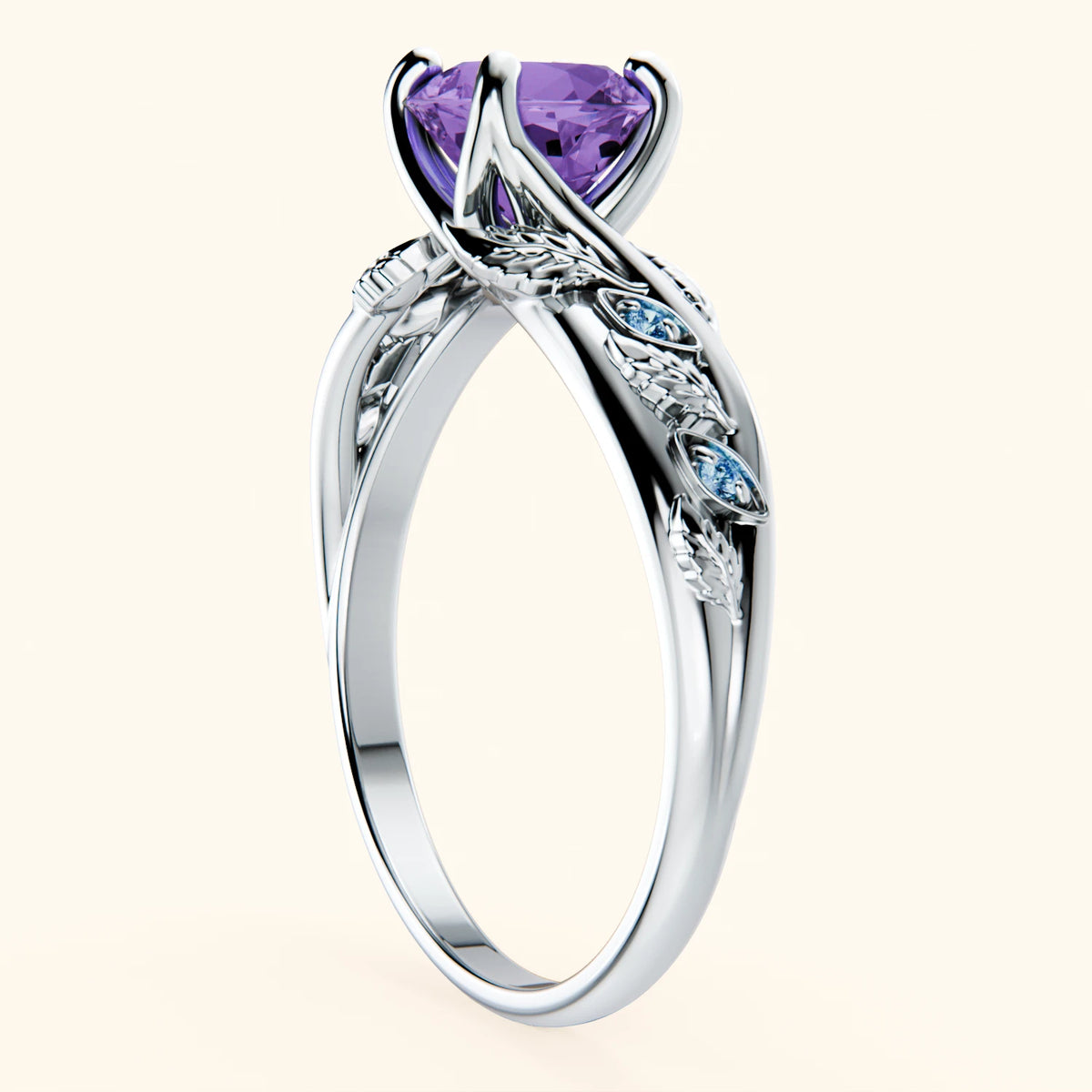 Engagement Ring Frêne - 0.65ct Amethyst with Lab Blue Diamond Side Stones