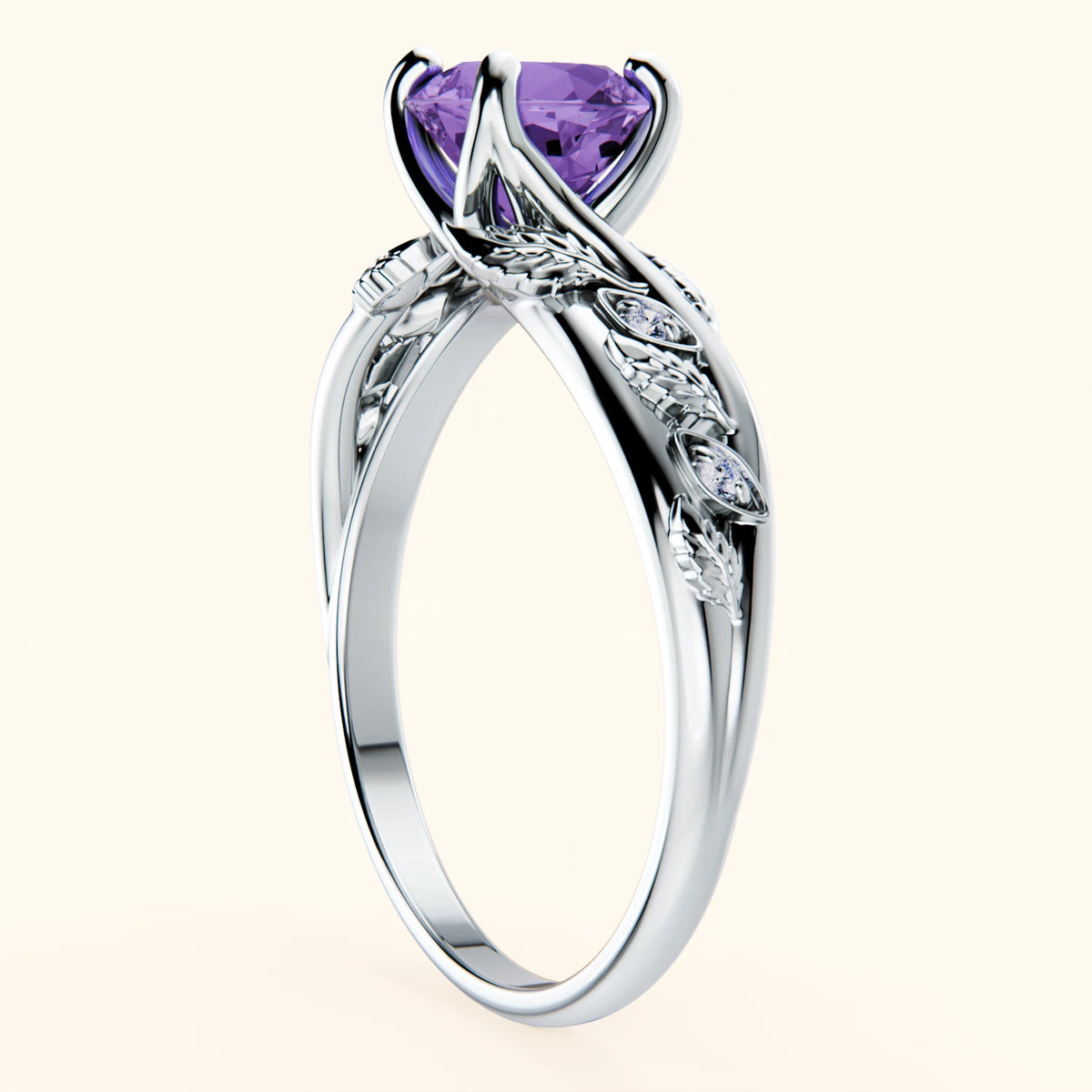 Engagement Ring Frêne - 0.65ct Amethyst with Natural Diamond Side Stones