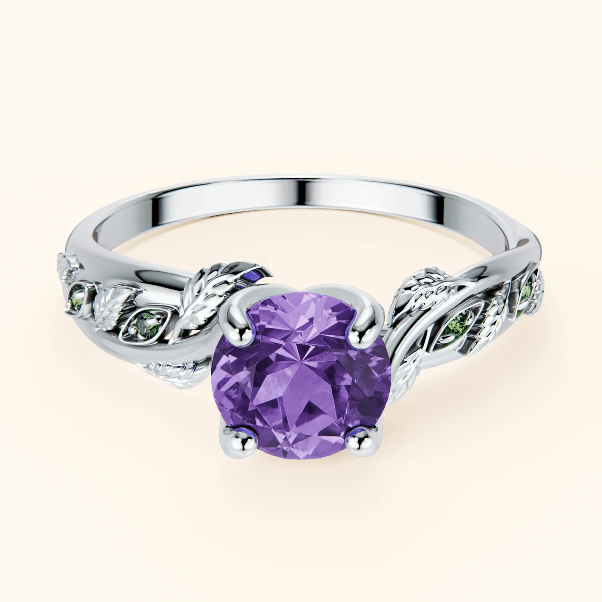 Engagement Ring Frêne - 0.65ct Amethyst with Lab Green Diamond Side Stones