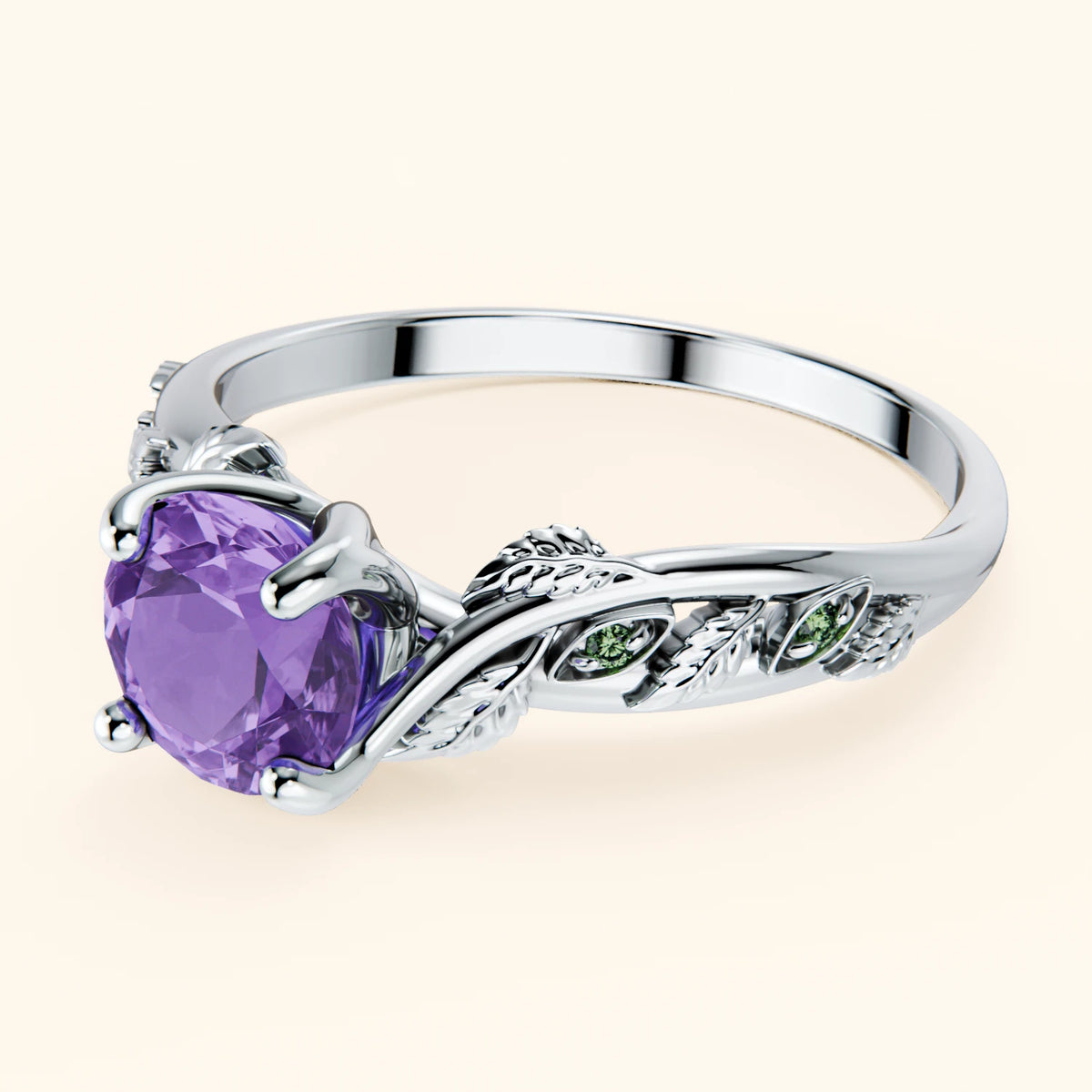 Engagement Ring Frêne - 0.65ct Amethyst with Lab Green Diamond Side Stones