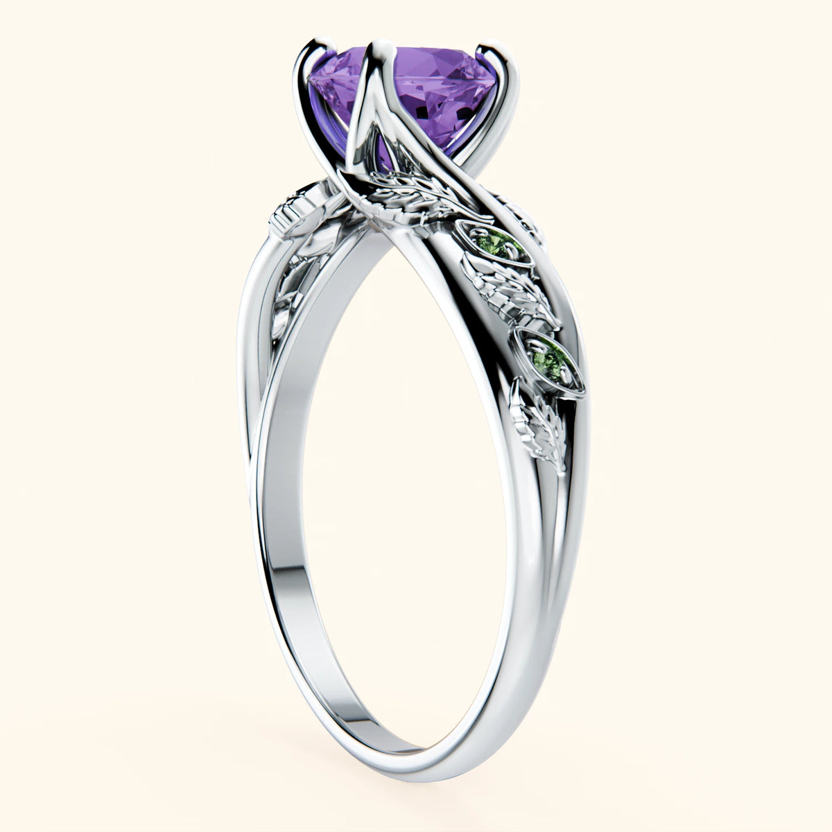 Engagement Ring Frêne - 0.65ct Amethyst with Lab Green Diamond Side Stones