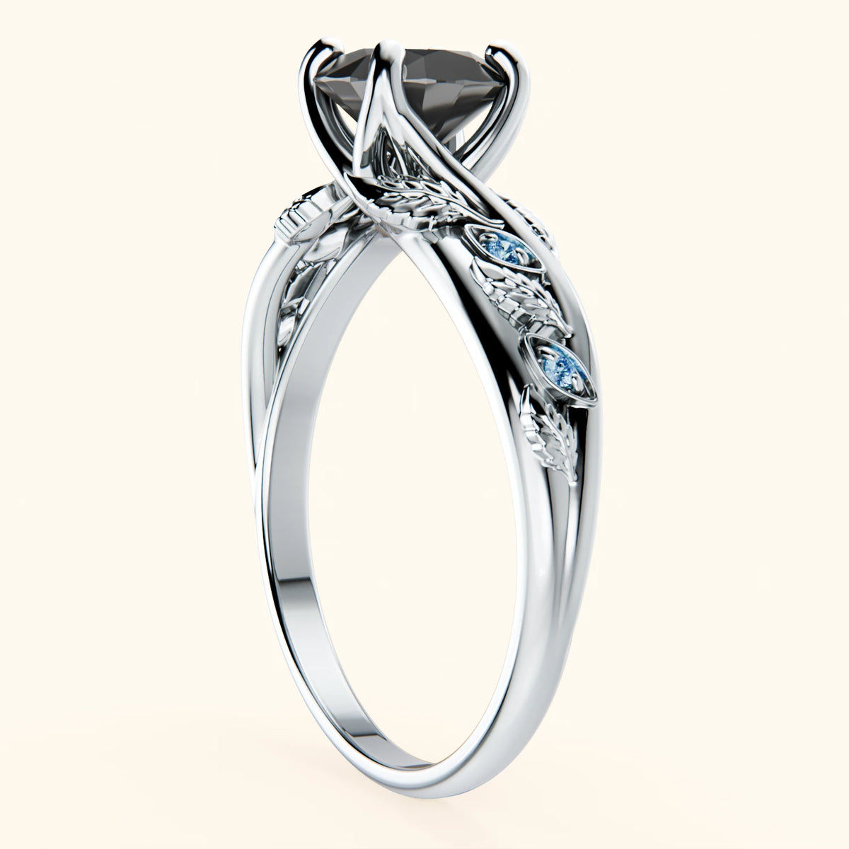 Engagement Ring Frêne - 1ct Black Diamond with Lab Blue Diamond Side Stones